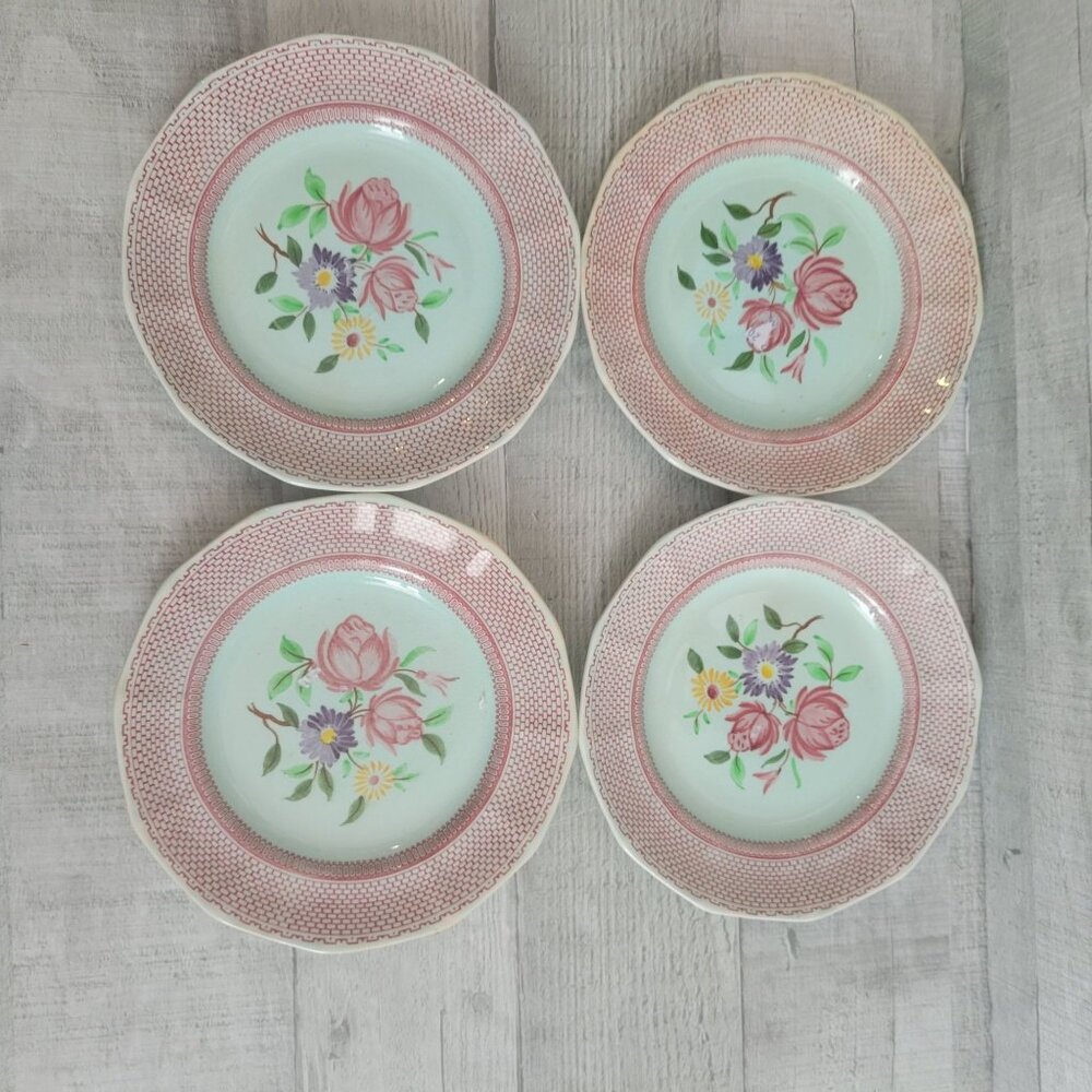 Vintage Adams Wakefield Floral Bread Plates 6" Set Of 4 Pink & Mint Green Cerami
